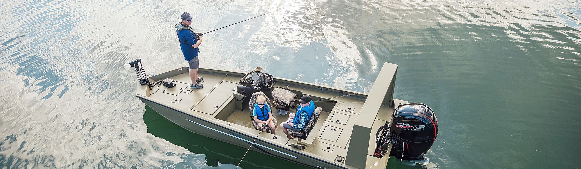 Family fishing off a Lowe Outlet 20