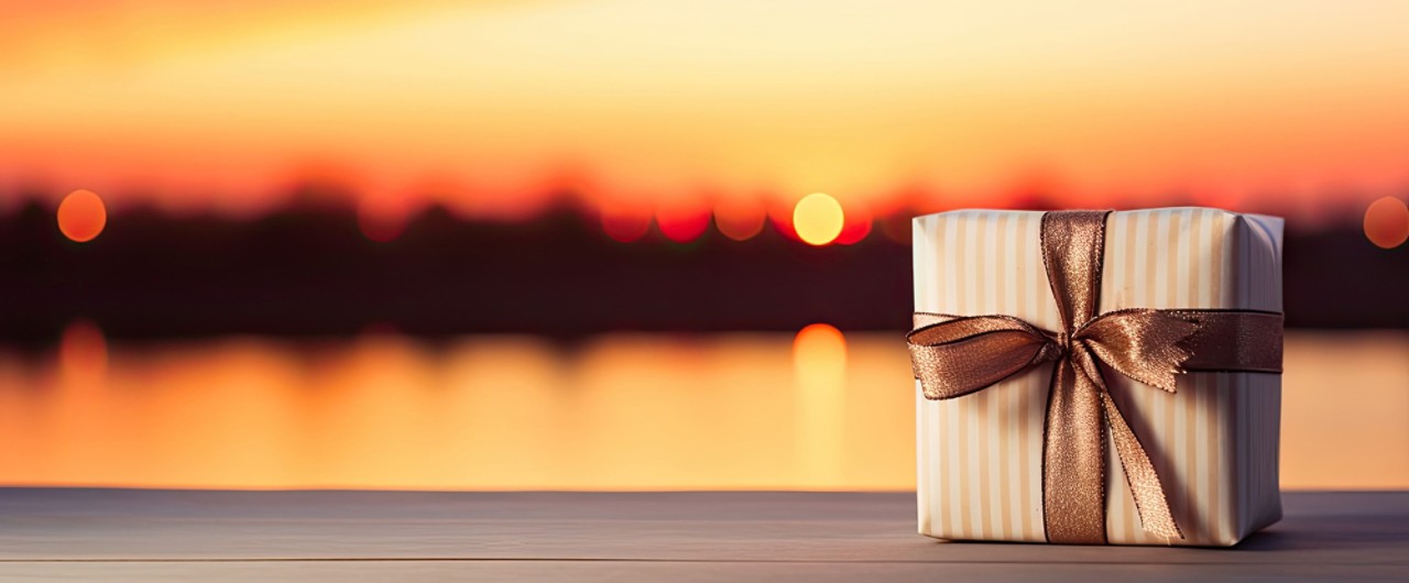  a wrapped present box sitting on top of a wooden table next to a lake with a sunset in the background.  generative ai